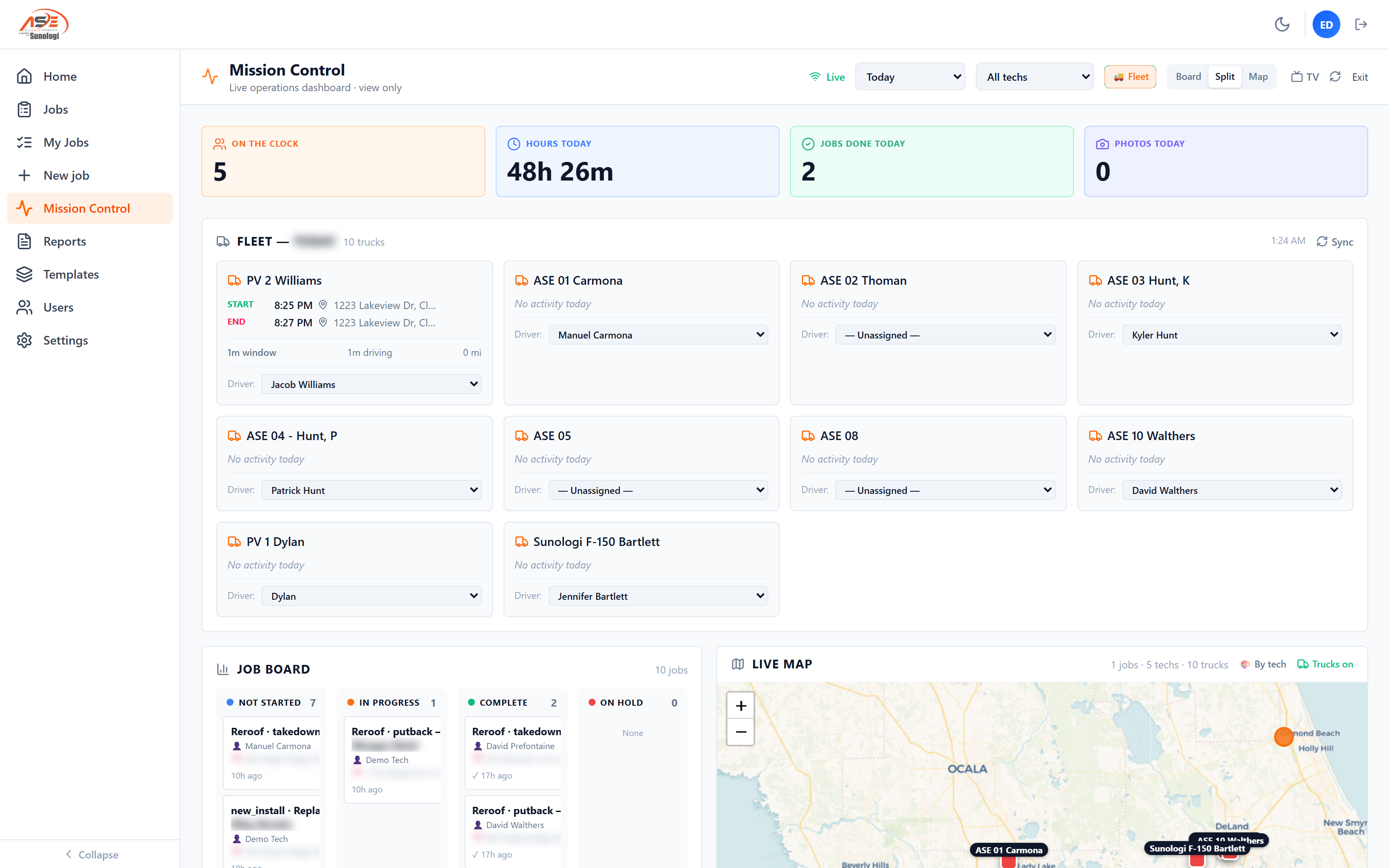 SolarProjeX Mission Control with live job map and dispatch board